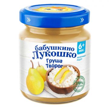 Пюре Бабушкино Лукошко в стекле груша, творог 100г с 5 месяцев