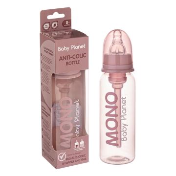Бутылочка ''Mono'' антиколиковой трубочкой и силиконовой соской (розовый) 3+ 250 мл Baby planet