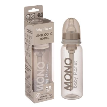 Бутылочка ''Mono'' антиколиковой трубочкой и силиконовой соской (бежевый) 3+ 250 мл Baby planet